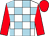 white, light blue check, red sleeves and cap