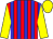 red and blue stripes, yellow sleeves and cap