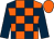 orange and dark blue checked, dark blue sleeves, orange cap
