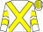 White, yellow cross belts, chevrons on sleeves, striped cap