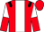 Red, white stripe, black epaulets, white and red halved sleeves, red cap