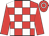 red and white checked, red sleeves, red cap, white circle