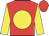 Red body, yellow disc, yellow arms, red cap