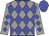 Grey body, blue diamonds, grey arms, blue diamonds, blue cap