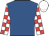 Royal blue, white and red check sleeves, white cap