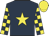 Dark blue, yellow star, checked sleeves, yellow cap