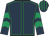 Dark blue, emerald green seams, chevrons on sleeves, striped cap