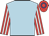 Light blue, red and white striped sleeves, red cap, white seams, blue hoop