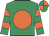 Emerald green, orange disc, hooped sleeves, quartered cap