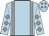 Light blue, grey braces, grey diamonds on sleeves, light blue cap, grey diamonds