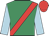 Emerald green, red sash, light blue sleeves, red cap