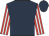 Dark blue, red & white striped sleeves, dark blue cap