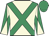 Cream, emerald green cross sashes, diabolo on sleeves, emerald green cap