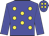 Blue body, yellow spots, blue arms, blue cap, yellow spots