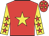 Red body, yellow star, yellow arms, red stars, red cap, yellow stars