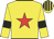 Yellow body, red star, yellow arms, black armlets, yellow cap, black striped