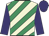 Beige, emerald green diagonal stripes, purple sleeves and cap