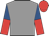 grey, royal blue and red halved sleeves, red cap