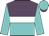 Petunia and turquoise halved horizontally, white hoop, turquoise sleeves and cap, petunia peak