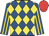 Royal blue and yellow diamonds, striped sleeves, red cap