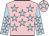 Pink, light blue stars, light blue sleeves, pink stars, pink cap, light blue star