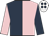 Dark blue and pink halved, sleeves reversed, white cap, dark blue spots