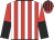 Red and white stripes, red and black halved sleeves, red and black striped cap