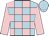 Light blue and pink check, pink sleeves, light blue cap