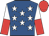 Royal blue, white stars, white and red halved sleeves, red cap