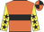 Orange, black hoop, yellow sleeves, black stars, orange and black quartered cap
