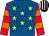 Royal blue, light green stars, red & orange hooped sleeves, black & white striped cap