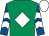 Emerald green, white diamond, royal blue and white chevrons on sleeves, white cap