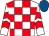 White and red check, chevrons on sleeves, royal blue cap