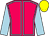 Cerise, light blue seams and sleeves, yellow cap