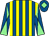 Royal blue and yellow stripes, royal blue and light green diabolo on sleeves, royal blue cap, light green diamond
