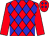 Red body, blue diamonds, red arms, red cap, blue diamonds