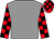 Grey body, red arms, black checked, red cap, black checked