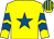 Yellow, royal blue star, royal blue chevrons on sleeves, striped cap