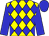 Yellow body, big-blue diamonds, big-blue arms, big-blue cap