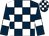 Dark blue and white check, dark blue sleeves, white armlets