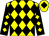 Yellow & black diamonds, black sleeves, yellow diamonds, yellow cap, black diamond