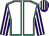 White, emerald green seams, purple and white striped sleeves and cap