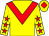 Yellow, red chevron, yellow sleeves, red stars, yellow cap, red diamond