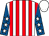 White and red stripes, royal blue sleeves, white stars and cap