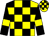 Yellow and black check, black sleeves, yellow armlets