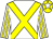 White, yellow cross sashes, striped sleeves, yellow cap, white star