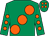 Emerald green, large orange spots, orange spots on sleeves, emerald green cap, orange spots