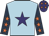Light blue, purple star, dark blue sleeves, orange stars, purple cap, orange stars