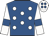 Royal blue, white spots, white sleeves, royal blue armlets and spots on white cap