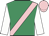 Emerald green, pink sash, white sleeves, pink cap